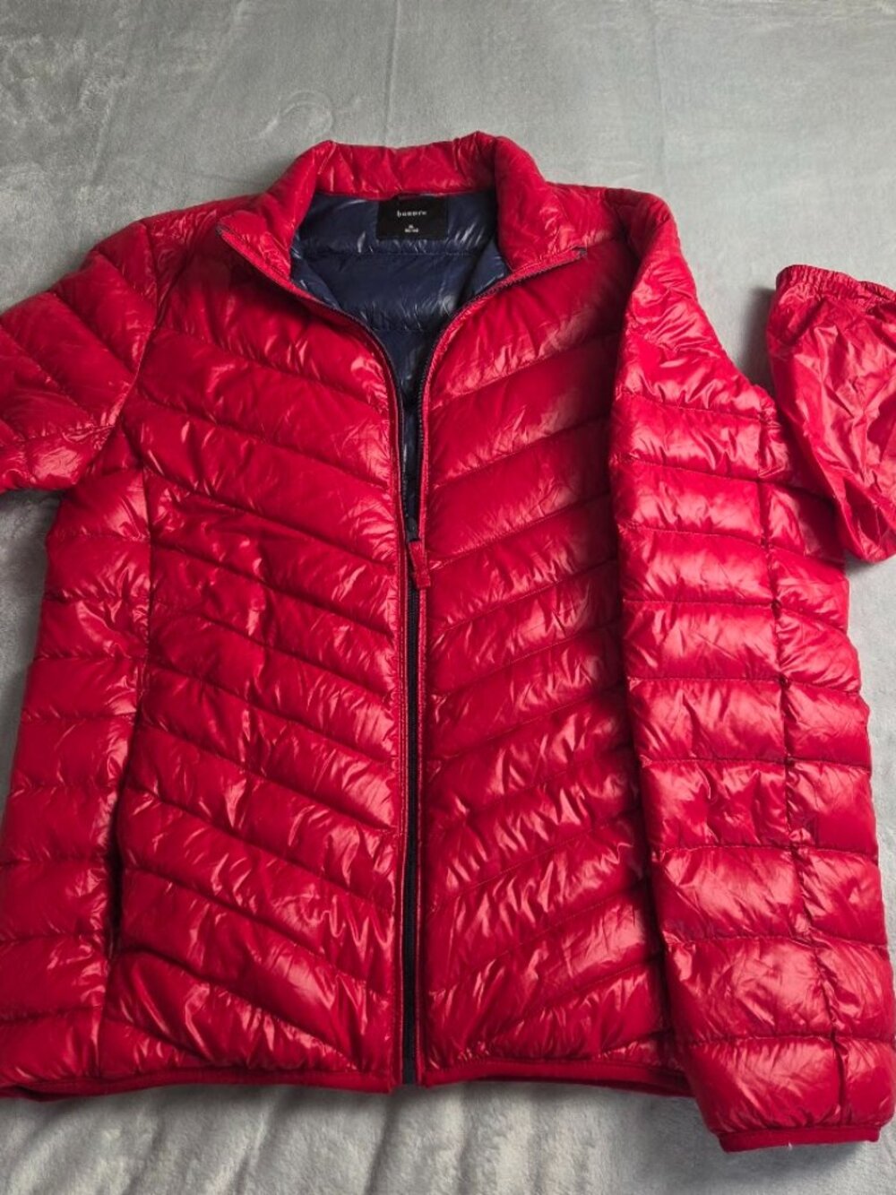 Bossini Red Ultra Light Packable Down Puffer Women's Jacket Navy Lining Size XL